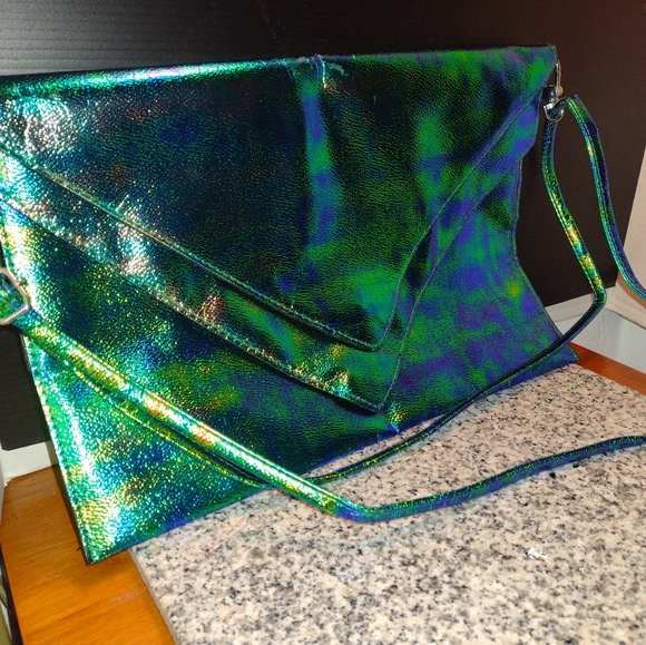 H&M Iridescent Blue Green Clutch/Messenger Handbag Purse with Strap - Picture 2 of 10